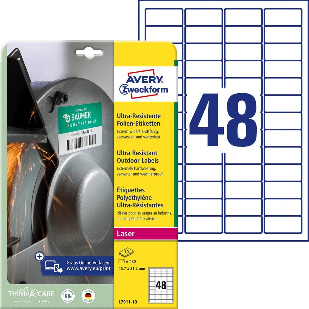 Avery-Zweckform L7911-10 Etiketter 45.7 x 21.1 mm Polyetenfilm Vit 480 st Permanent Universaletiketter