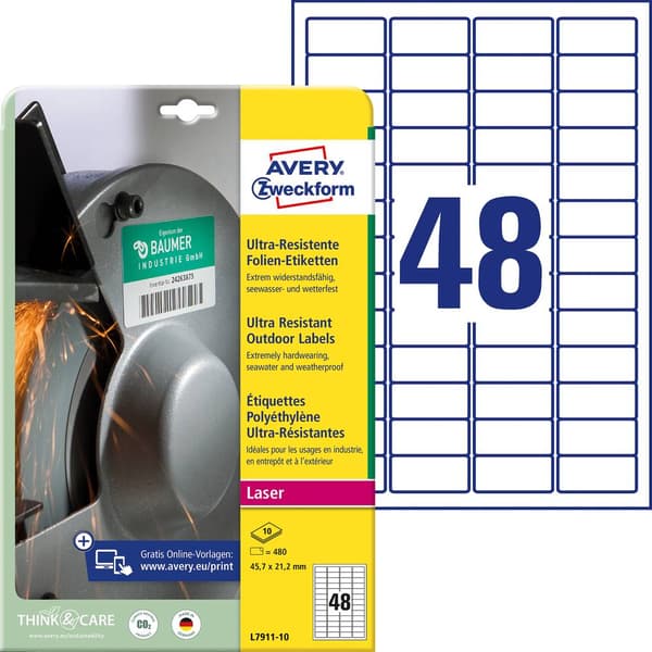 Avery-Zweckform L7911-10 45.7 x 21.1 mm Polyetenfilm Vit 480 st Permanent Folieetiketter