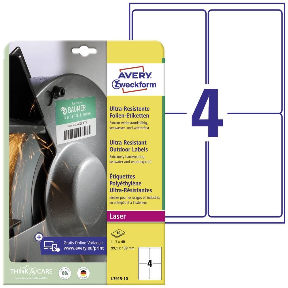 Avery-Zweckform L7915-10 Etiketter 99.1 x 139 mm Polyetenfilm Vit 40 st Permanent Universaletiketter