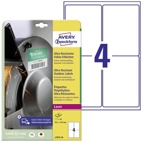 Avery-Zweckform L7915-10 99.1 x 139 mm Polyetenfilm Vit 40 st Permanent Folieetiketter