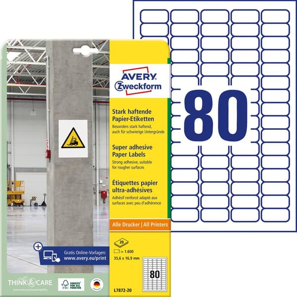 Avery-Zweckform L7872-20 Självhäftande etiketter 35.6 x 16.9 mm Papper Vit 1600 st Permanent, Starkt Bläckstråleskrivar