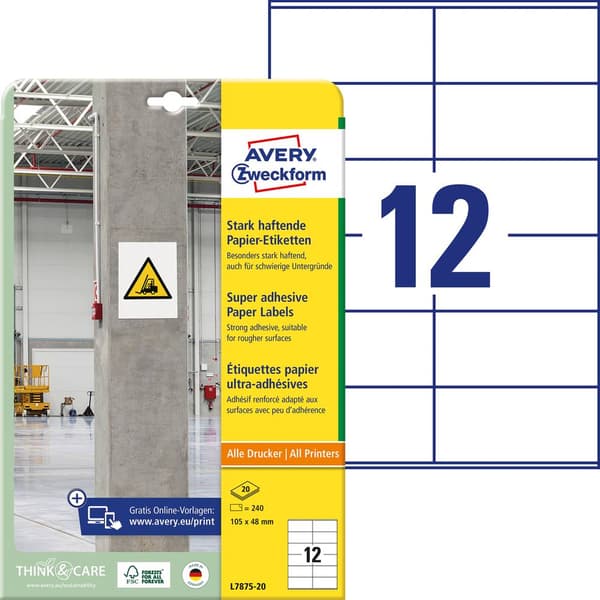 Avery-Zweckform L7875-20 Självhäftande etiketter 105 x 48 mm Papper Vit 240 st Permanent, Starkt Bläckstråleskrivare, L