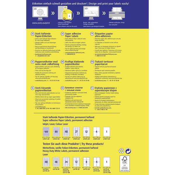 Avery-Zweckform L7877-20 Självhäftande etiketter 210 x 297 mm Papper Vit 20 st Permanent, Starkt Bläckstråleskrivare, L