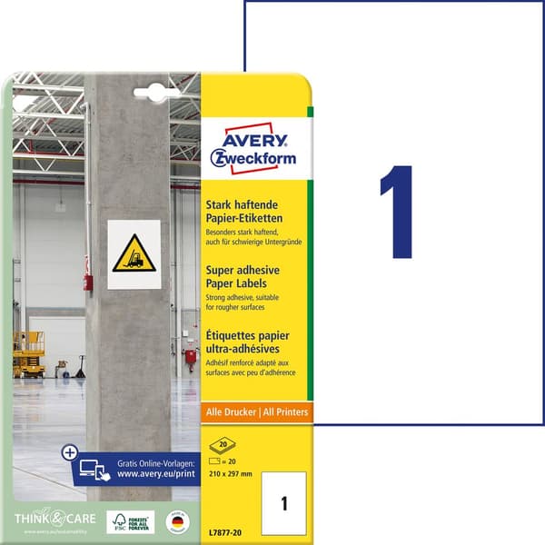 Avery-Zweckform L7877-20 Självhäftande etiketter 210 x 297 mm Papper Vit 20 st Permanent, Starkt Bläckstråleskrivare, L