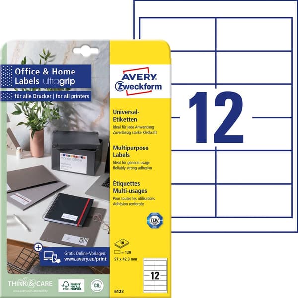 Avery-Zweckform 6123 Universaletiketter 97.3 x 42.3 mm Papper Vit 120 st Permanent Bläckstråleskrivare, Laser, Laser, f