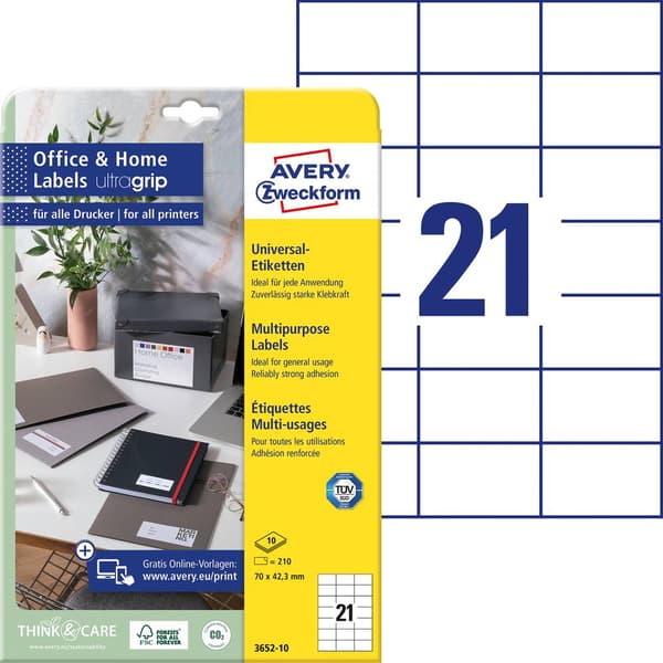 Avery-Zweckform 3652-10 Universaletiketter 70 x 42.3 mm Papper Vit 210 st Permanent Bläckstråleskrivare, Laser, Laser,