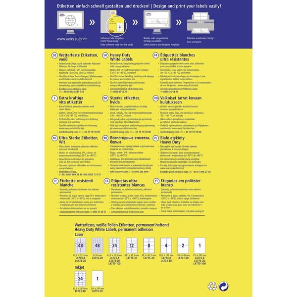 Avery-Zweckform L4775-8 Folieetiketter 210 x 297 mm Polyesterfilm Vit 8 st Permanent Laser, färg, Laser, Färgkopiator,