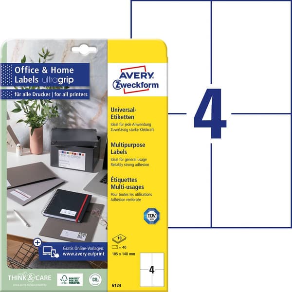 Avery-Zweckform 6124 Universaletiketter 105 x 148 mm Papper Vit 40 st Permanent Bläckstråleskrivare, Laser, Laser, färg