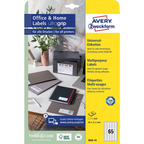 Avery-Zweckform 3666-10 Universaletiketter 38 x 21.2 mm Papper Vit 650 st Permanent Bläckstråleskrivare, Laser, Laser,