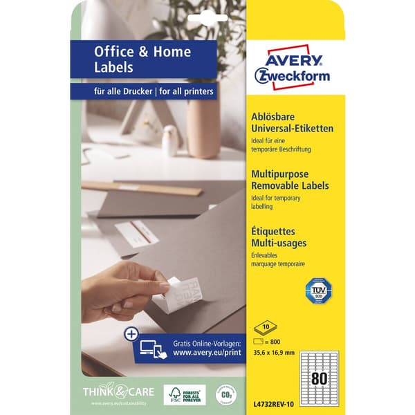 Avery-Zweckform L4732REV-10 Universaletiketter 35.6 x 16.9 mm Papper Vit 800 st Repositionerbart Bläckstråleskrivare, L