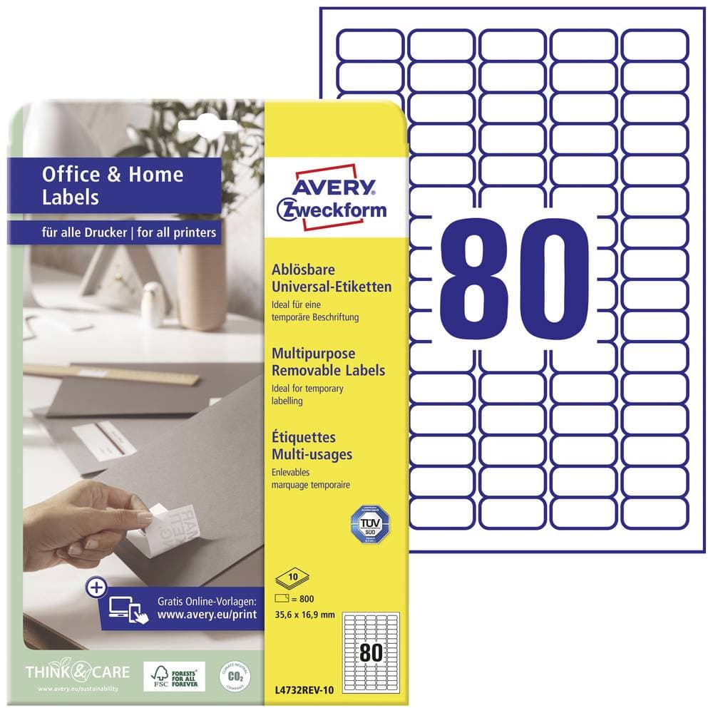 Avery-Zweckform L4732REV-10 Etiketter 35.6 x 16.9 mm Papper Vit 800 st Repositionerbart Universaletiketter Bläck, Laser