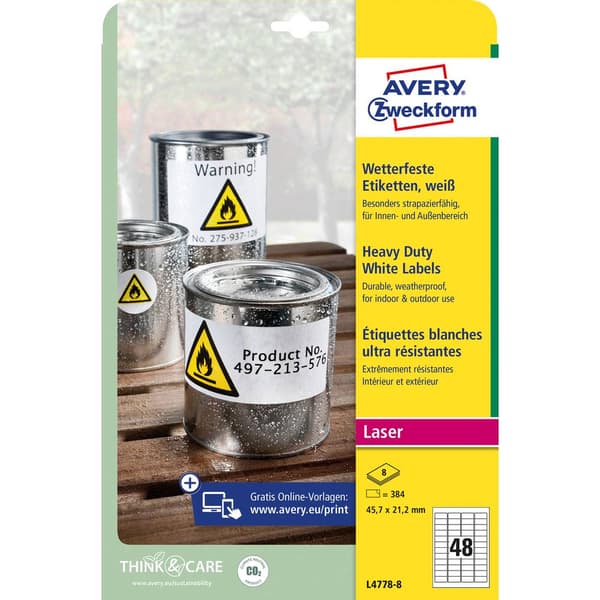 Avery-Zweckform L4778-8 Folieetiketter 45.7 x 21.2 mm Polyesterfilm Vit 384 st Permanent Laser, färg, Laser, Färgkopiat