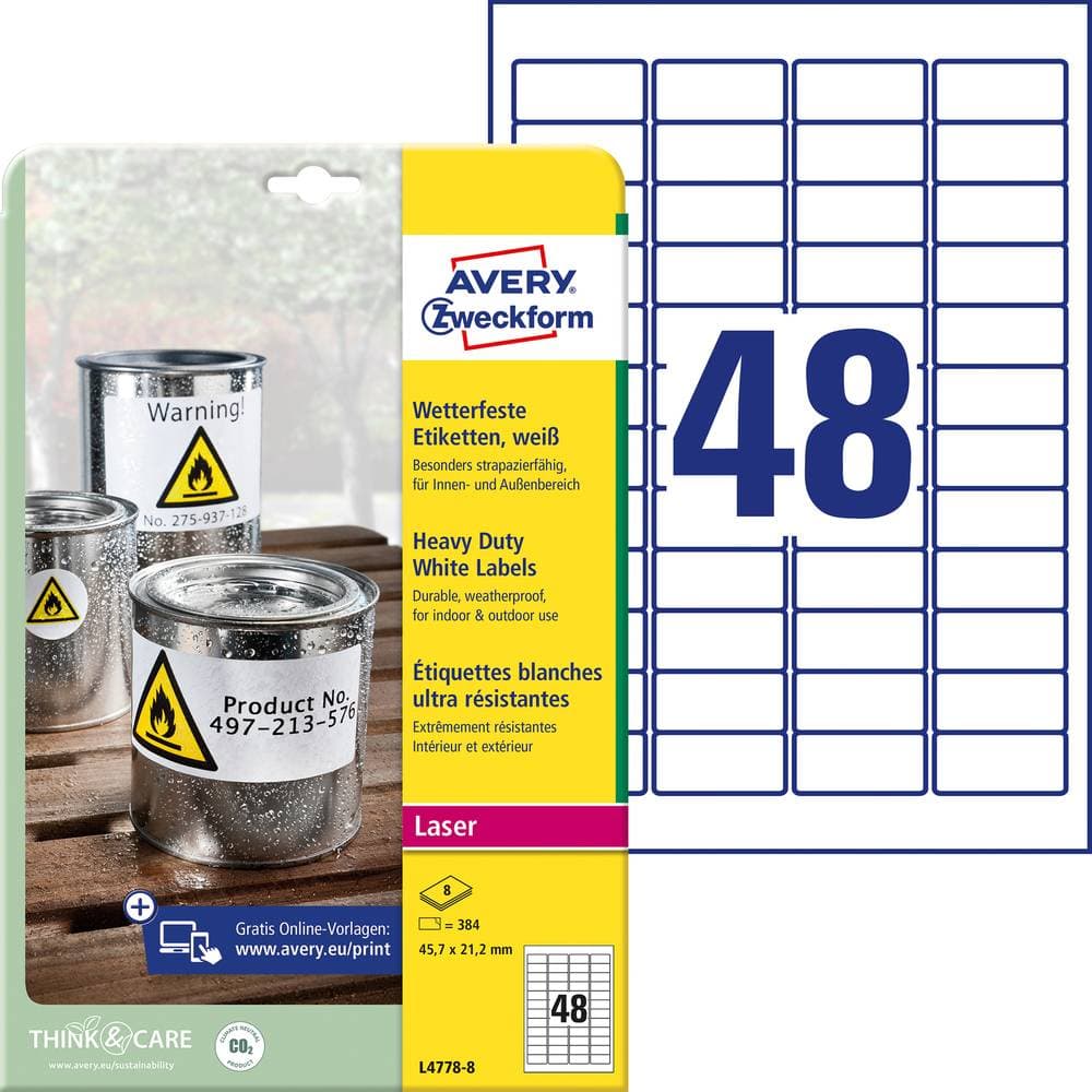 Avery-Zweckform L4778-8 Etiketter 45.7 x 21.2 mm Polyesterfilm Vit 384 st Permanent Universaletiketter, Väderbeständiga
