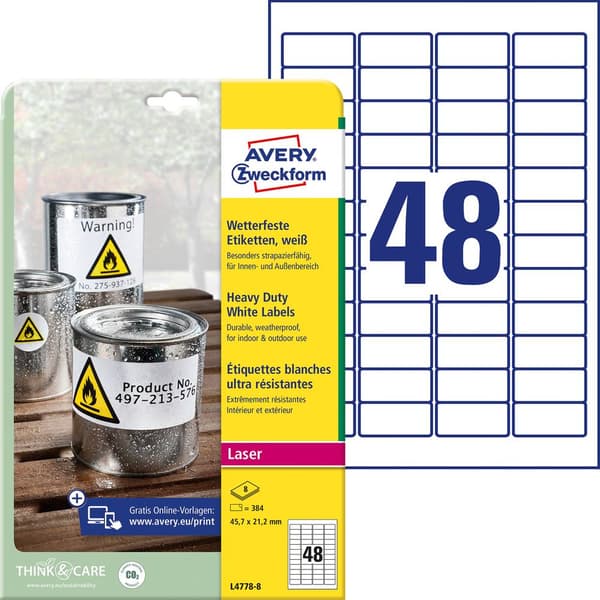 Avery-Zweckform L4778-8 Folieetiketter 45.7 x 21.2 mm Polyesterfilm Vit 384 st Permanent Laser, färg, Laser, Färgkopiat