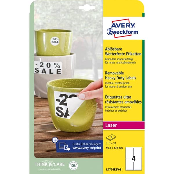 Avery-Zweckform L4774REV-8 Folieetiketter 99.1 x 139 mm Polyesterfilm Vit 32 st Repositionerbart Laser, färg, Laser, Fä
