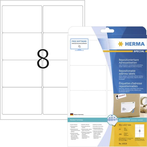 Herma 10018 Adressetiketter 99.1 x 67.7 mm Papper Vit 200 st Repositionerbart Bläckstråleskrivare, Laser, Laser, färg,