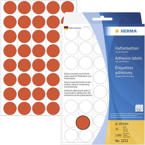 Herma 2252 Markeringsetiketter Ø 19 mm Röd 1280 st Permanent Papper