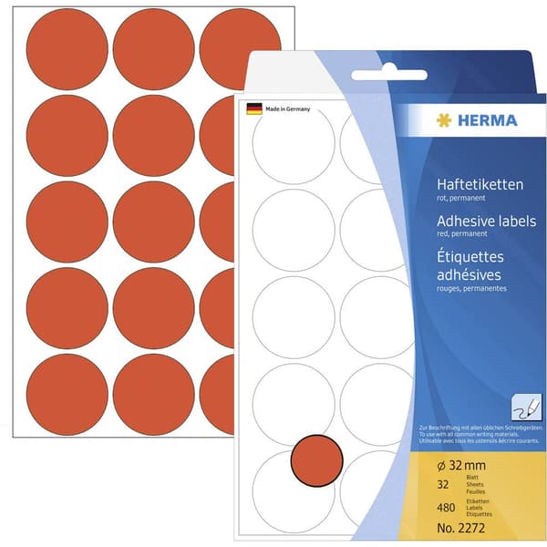 Herma 2272 Markeringsetiketter Ø 32 mm Röd 480 st Permanent Papper