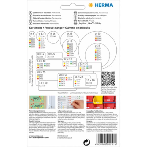 Herma 2251 Markeringsetiketter Ø 19 mm Gul 1280 st Permanent Papper