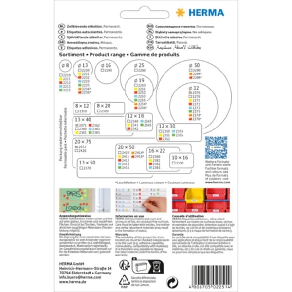 Herma 2251 Markeringsetiketter Ø 19 mm Gul 1280 st Permanent Papper