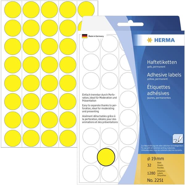 Herma 2251 Markeringsetiketter Ø 19 mm Gul 1280 st Permanent Papper