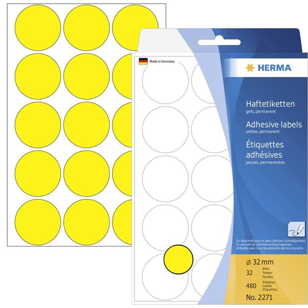 Herma 2271 Markeringsetiketter Ø 32 mm Gul 480 st Permanent Papper