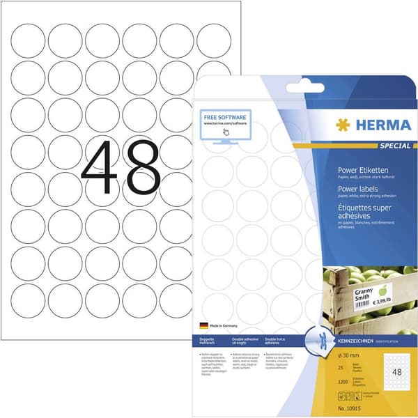 Herma 10915 Självhäftande etiketter Ø 30 mm Papper Vit 1200 st Permanent Bläckstråleskrivare, Laser, Laser, färg, Kopia