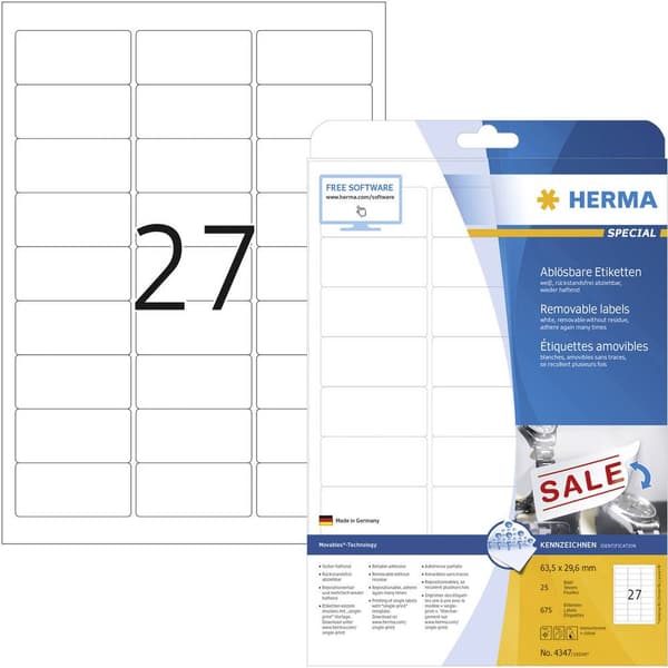 Herma 4347 Universaletiketter 63.5 x 29.6 mm Papper Vit 675 st Repositionerbart Bläckstråleskrivare, Laser, Laser, färg