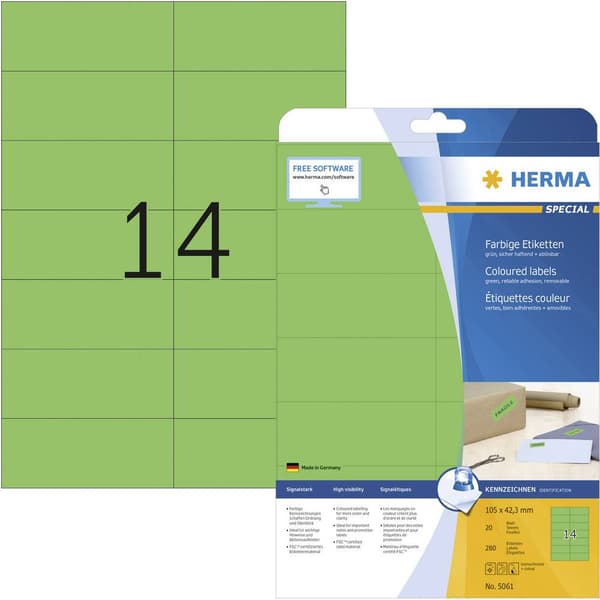 Herma 5061 Universaletiketter 105 x 42.3 mm Papper Grön 280 st Permanent Bläckstråleskrivare, Laser, Laser, färg, Kopia