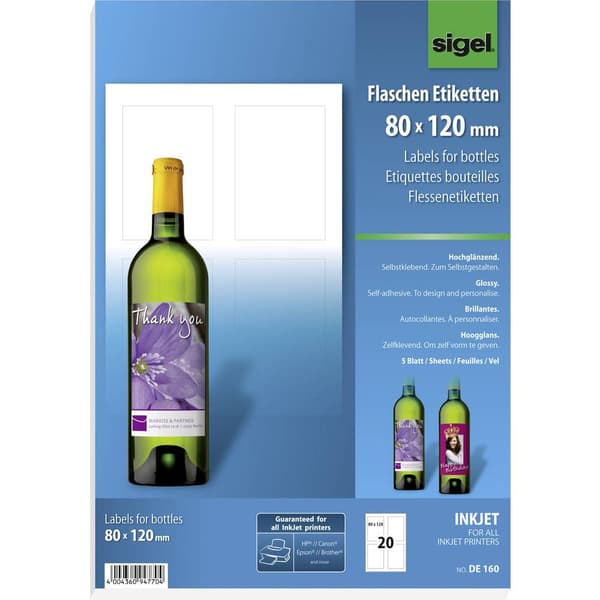 Sigel DE160 Flasketiketter 80 x 120 mm Papper Vit 20 st Permanent Bläckstråleskrivare