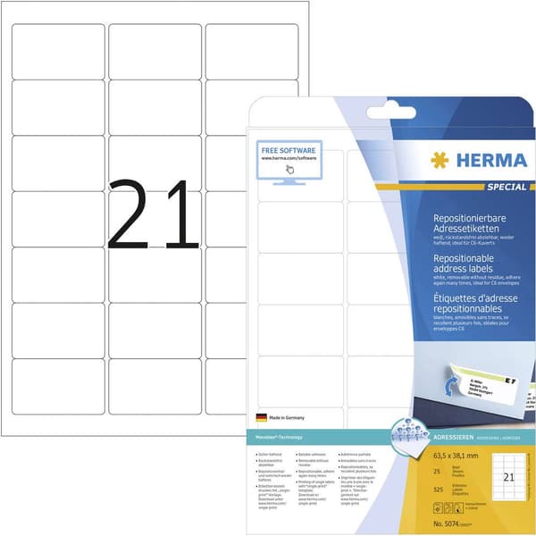 Herma 5074 Adressetiketter 63.5 x 38.1 mm Papper Vit 525 st Repositionerbart Bläckstråleskrivare, Laser, Laser, färg, K