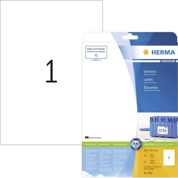 Herma 5065 Universaletiketter 210 x 297 mm Papper Vit 25 st Permanent Bläckstråleskrivare, Laser, Laser, färg, Kopiator