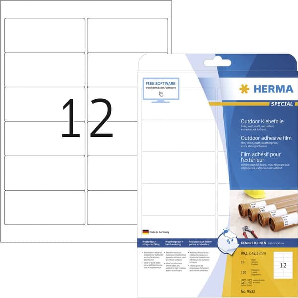 Herma 9533 Folieetiketter 99.1 x 42.3 mm Polyetenfilm Vit 120 st Permanent Laser, färg, Laser, Färgkopiator, Kopiator,