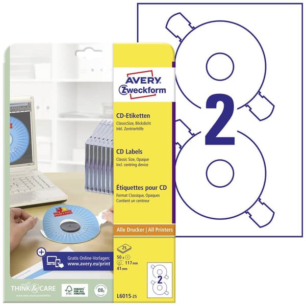 Avery-Zweckform L6015-25 CD-etiketter Ø 117 mm Papper Vit 50 st Permanent Bläckstråleskrivare, Laser, Laser, färg, Kopi