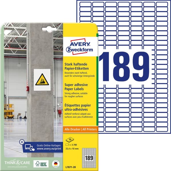 Avery-Zweckform L7871-20 Självhäftande etiketter 25.4 x 10 mm Papper Vit 3780 st Permanent, Starkt Bläckstråleskrivare,