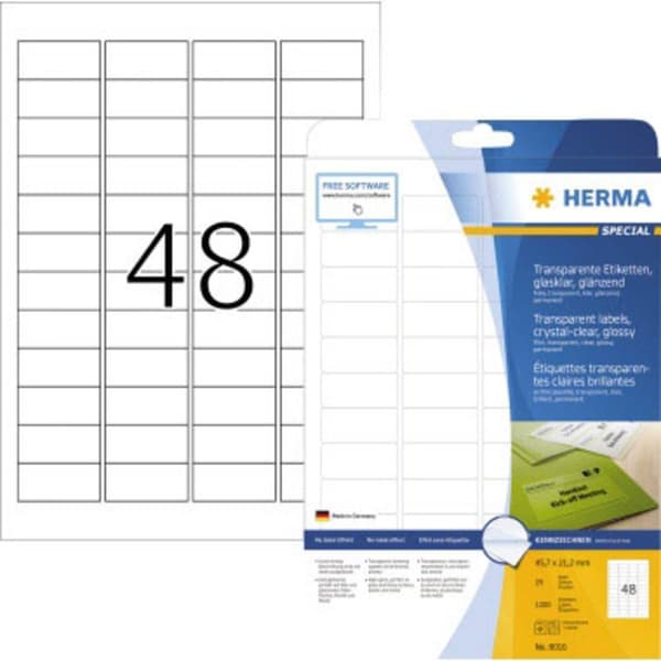 Herma 8016 Folieetiketter 45.7 x 21.2 mm Folie, glänsande Transparent 1200 st Permanent Laser, Kopiator, Laser, färg, F