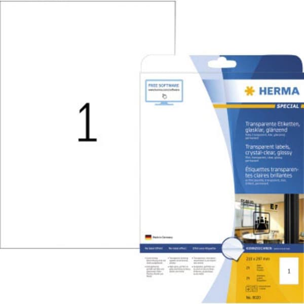 Herma 8020 Folieetiketter 210 x 297 mm Folie, glänsande Transparent 25 st Permanent Laser, Kopiator, Laser, färg, Färgk