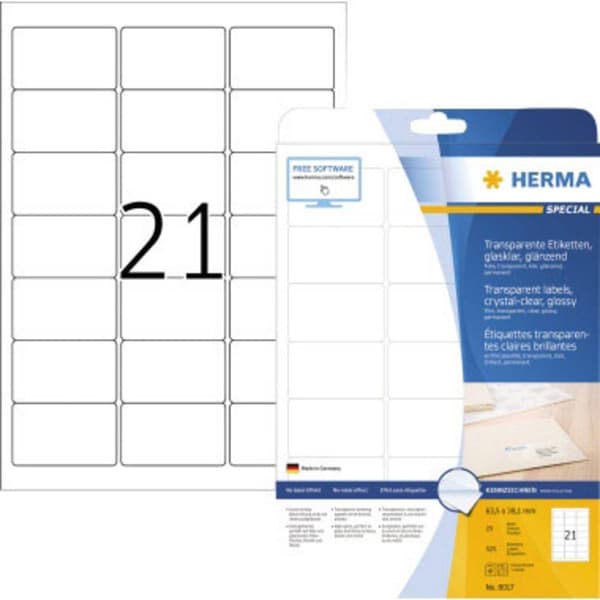Herma 8017 Folieetiketter 63.5 x 38.1 mm Folie, glänsande Transparent 525 st Permanent Laser, Kopiator, Laser, färg, Fä