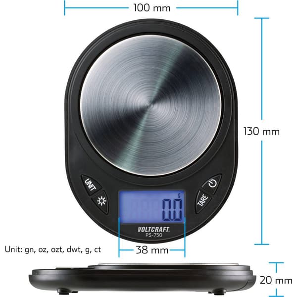 VOLTCRAFT PS-750 Precisionsvåg Vägningsområde 750 g Läsbarhet 0.1 g batteri Svart