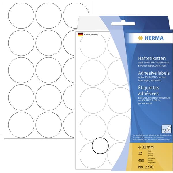 Herma 2270 Markeringsetiketter Ø 32 mm Vit 480 st Permanent Papper