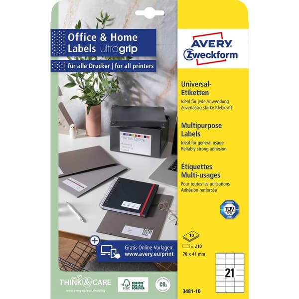 Avery-Zweckform 3481-10 Universaletiketter 70 x 41 mm Papper Vit 210 st Permanent Laser, färg, Laser