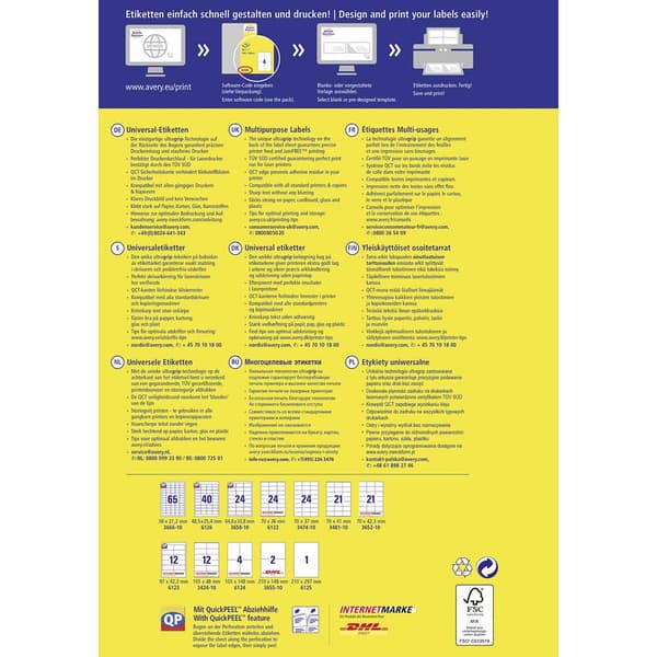 Avery-Zweckform 3481-10 Universaletiketter 70 x 41 mm Papper Vit 210 st Permanent Laser, färg, Laser