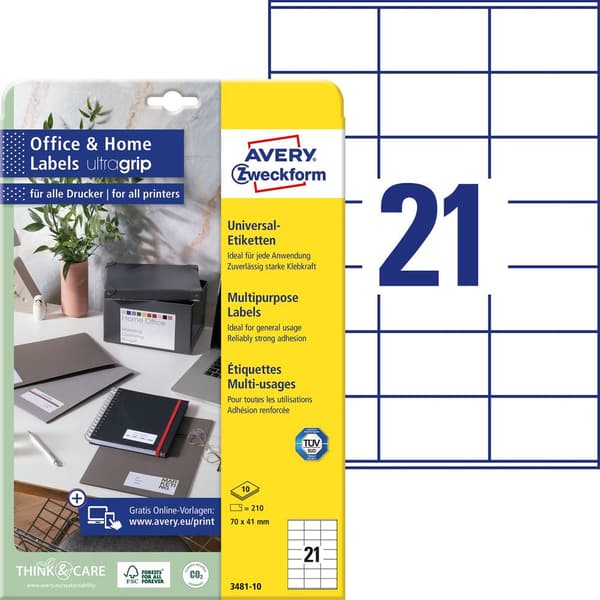 Avery-Zweckform 3481-10 Universaletiketter 70 x 41 mm Papper Vit 210 st Permanent Laser, färg, Laser