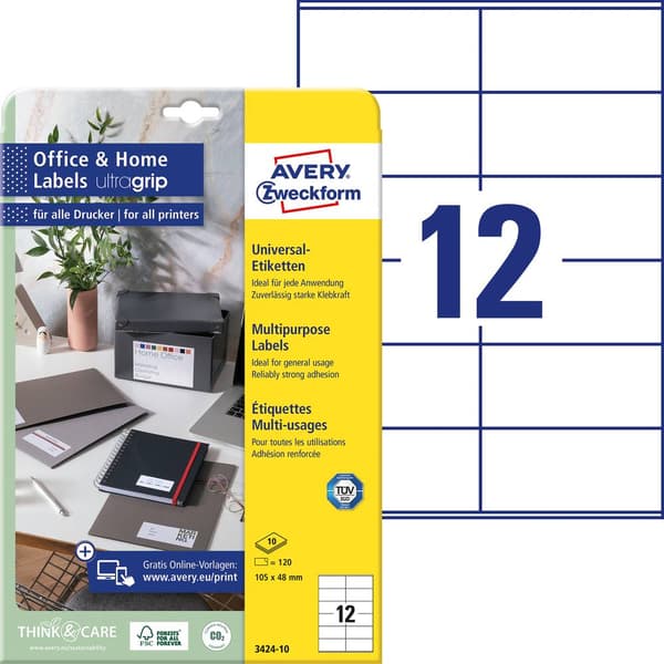 Avery-Zweckform 3424-10 Universaletiketter 105 x 48 mm Papper Vit 120 st Permanent Laser, färg, Laser