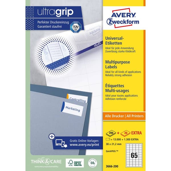 Avery-Zweckform 3666-200 Universaletiketter 38 x 21.2 mm Papper Vit 1 st Permanent Laser, färg