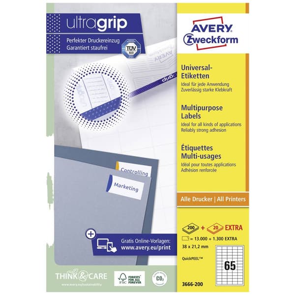 Avery-Zweckform 3666-200 Universaletiketter 38 x 21.2 mm Papper Vit 1 st Permanent Laser, färg