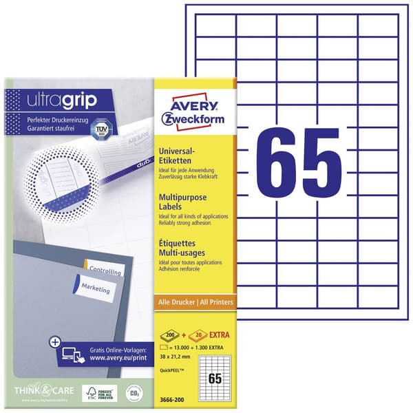 Avery-Zweckform 3666-200 Universaletiketter 38 x 21.2 mm Papper Vit 1 st Permanent Laser, färg