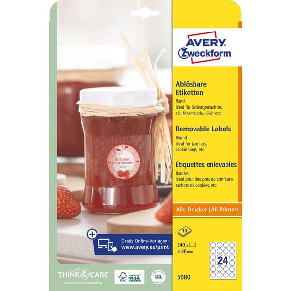 Avery-Zweckform 5080 Universaletiketter Ø 40 mm Papper Vit 1 set Repositionerbart Bläckstråleskrivare, Laser, Laser, fä