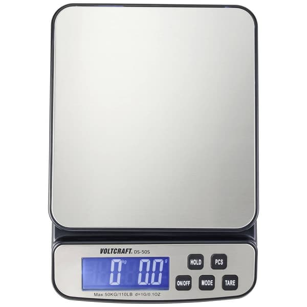 VOLTCRAFT DS-50S Väskvåg Vägningsområde 50 kg Läsbarhet 1 g batteri, via nätadapter (beställs separat) Silver
