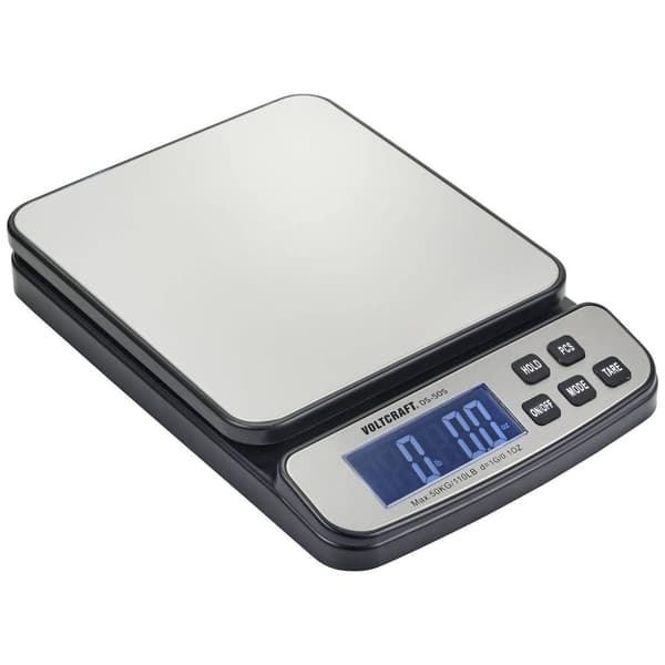 VOLTCRAFT DS-50S Väskvåg Vägningsområde 50 kg Läsbarhet 1 g batteri, via nätadapter (beställs separat) Silver